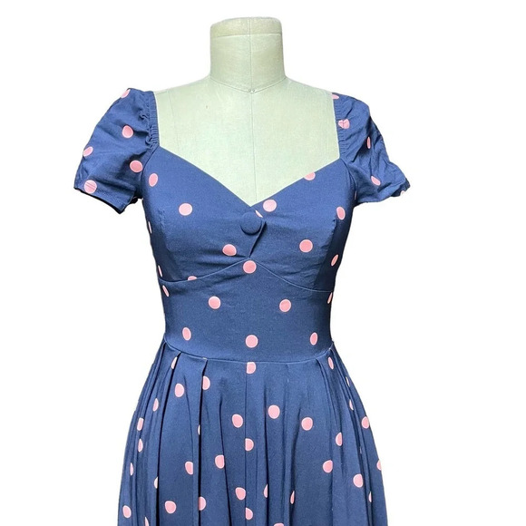 Unique Vintage Polka Dot Fit & Flare Dress Blue Pink Size Small - Picture 2 of 11